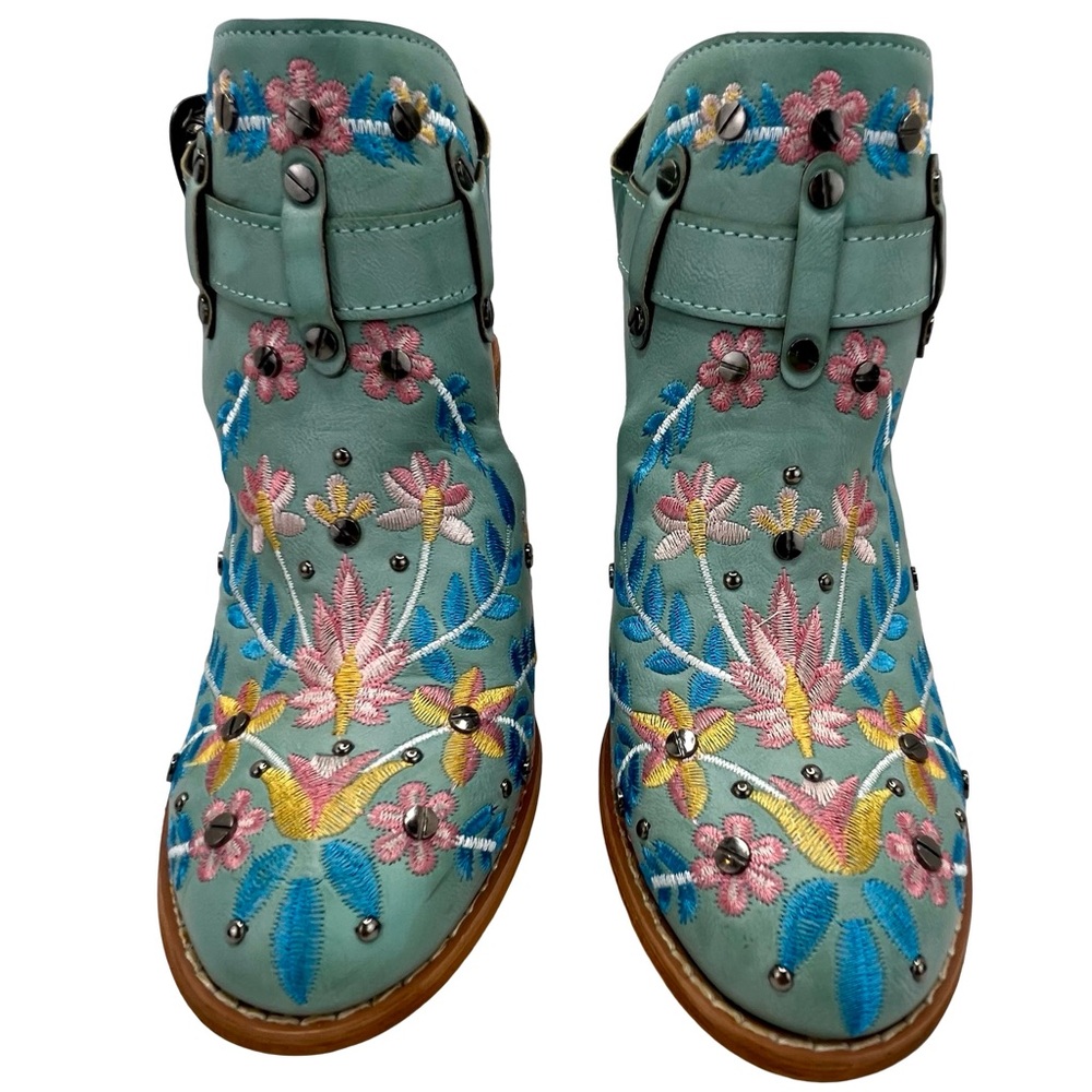 Blue Green Heeled Boots with Floral Embroidery - Picture 2 of 7